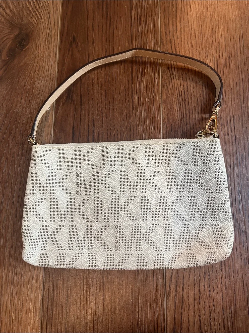 Michael Kors Jet Set Large Logo Wristlet in Vanilla with Gold Hardware